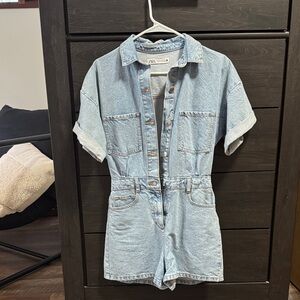 Zara Denim Short-Sleeve Jumpsuit